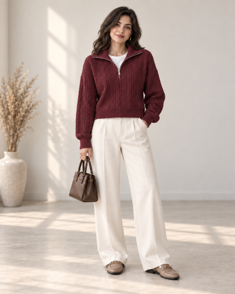 Pull Tricot Zippé en Tissu Soffa à Torsades