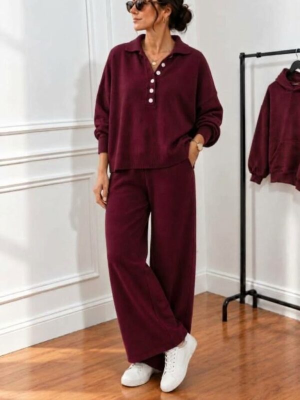 Ensemble Femme Tricot Col Polo et Pantalon Fluide