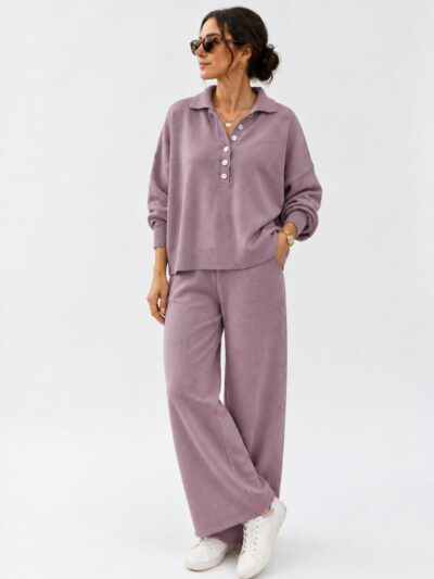 Ensemble 2 Pièces en Tricot Pantalon et Pull Col Polo - Image 2