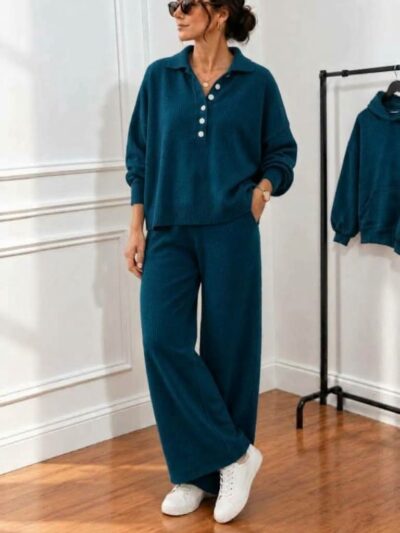Ensemble Tricot 2 Pièces Col Polo & Pantalon Fluide - Image 2