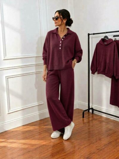 Ensemble Femme Tricot Col Polo et Pantalon Fluide - Image 4
