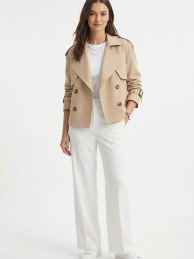 Trench-Coat Court d&rsquo;Automne Beige à Double Boutonnage - Image 2