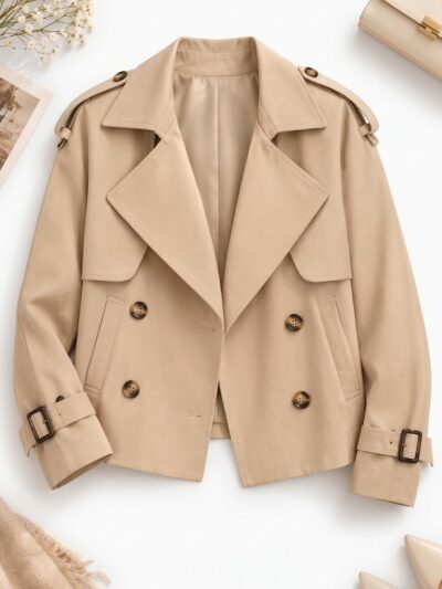Trench-Coat Court d&rsquo;Automne Beige à Double Boutonnage - Image 1