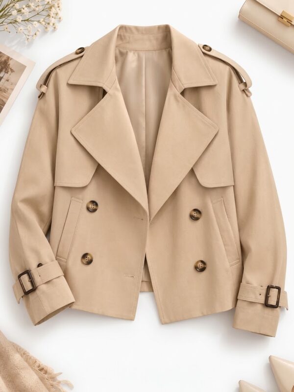 Trench-Coat Court d'Automne Beige à Double Boutonnage