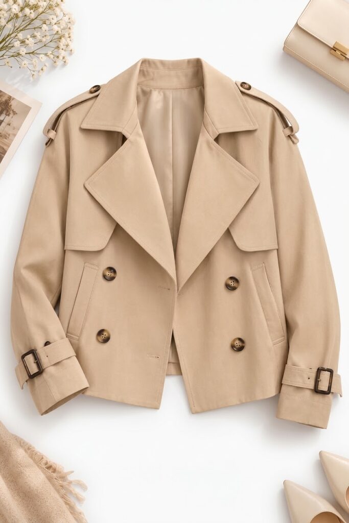 Trench-Coat Court d&rsquo;Automne Beige à Double Boutonnage