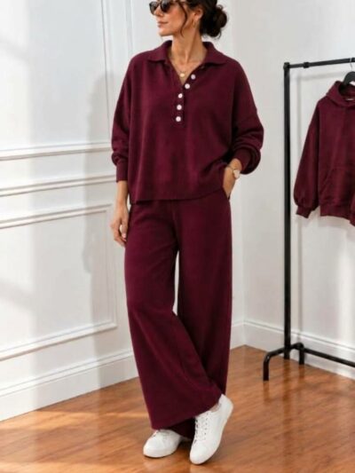 Ensemble Tricot 2 Pièces Col Polo & Pantalon Fluide - Image 1