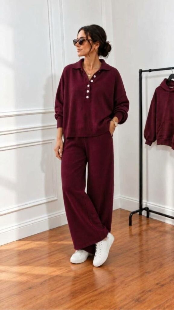Ensemble Tricot 2 Pièces Col Polo & Pantalon Fluide