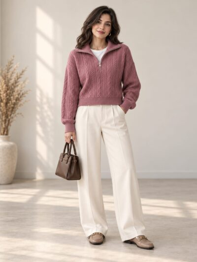 Pull Tricot Zippé en Tissu Soffa à Torsades - Image 1