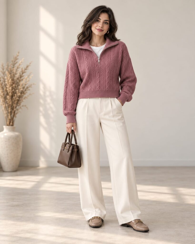 Pull Tricot Zippé en Tissu Soffa à Torsades