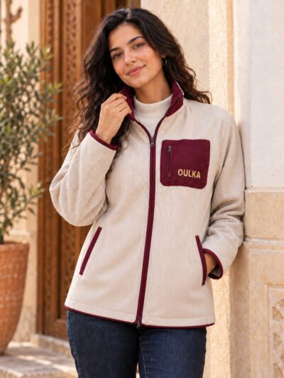 Jacket Zippée Chic OULKA en Velours Côtelé Premium – Beige & Bordeaux - Image 1