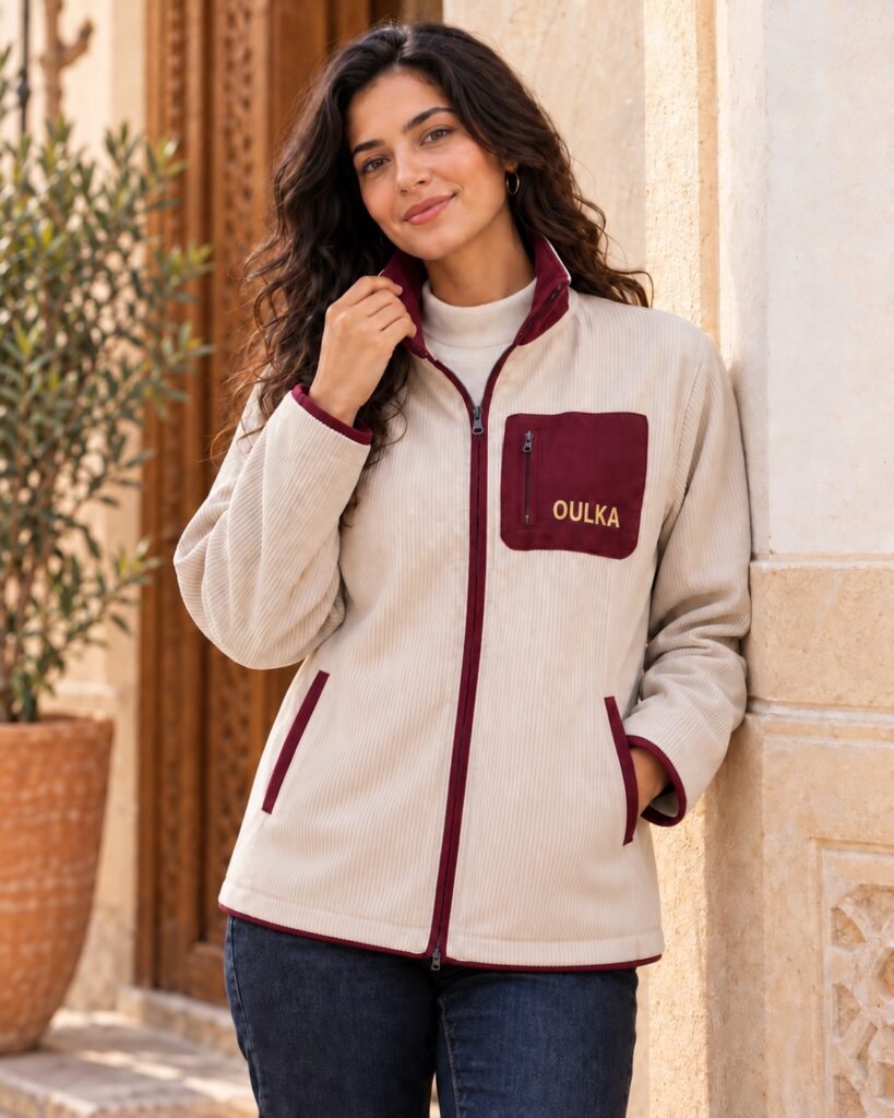 Jacket Zippée Chic OULKA en Velours Côtelé Premium – Beige & Bordeaux