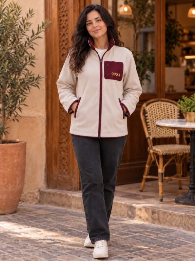 Jacket Zippée Chic OULKA en Velours Côtelé Premium – Beige & Bordeaux - Image 2