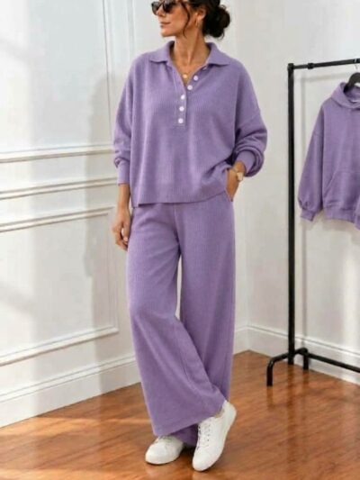 Ensemble Femme Tricot Col Polo et Pantalon Fluide - Image 3