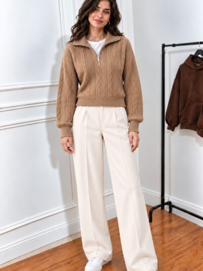 Pull d&rsquo;automne élégant à col camionneur zippé en maille torsadée - Image 3