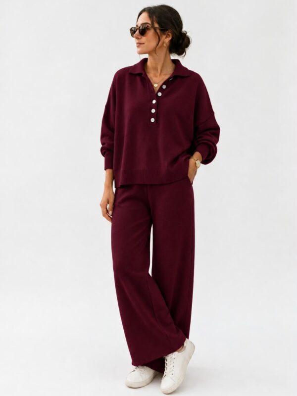 Ensemble 2 Pièces en Tricot Pantalon et Pull Col Polo
